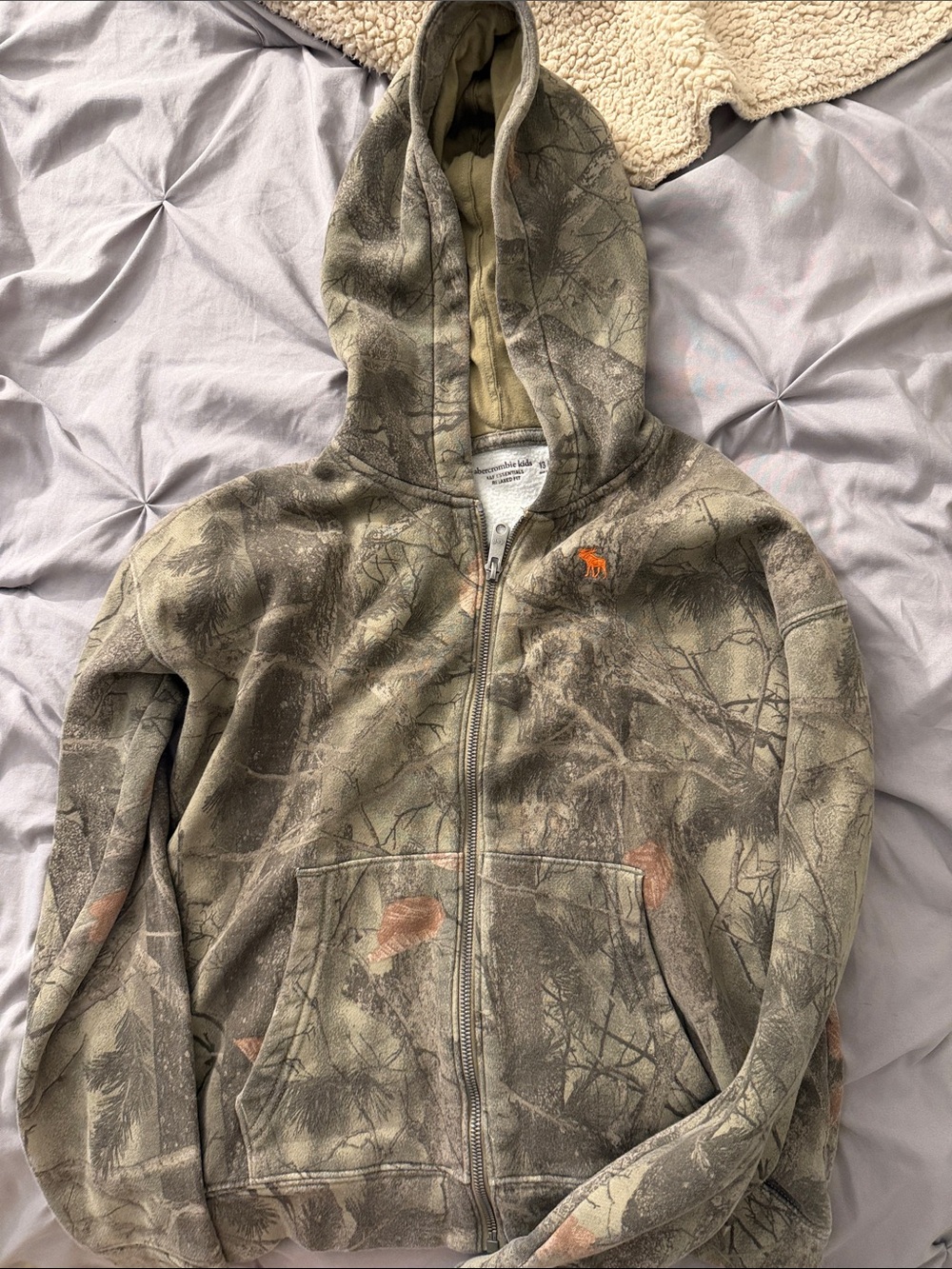 Abercrombie & Fitch Olive Camo Hooded Zip Sweatshirt with Orange Logo